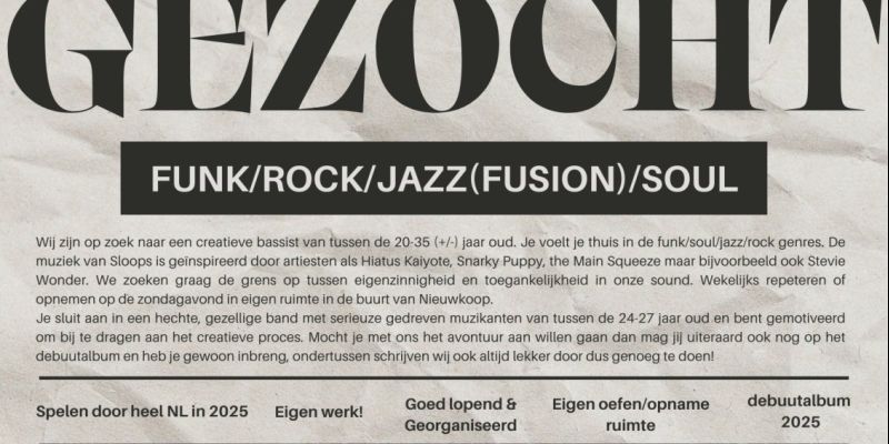 Bassist(e) Gezocht - Eigen werk! - Nieuwkoop Z/H - 20-35( +/-)